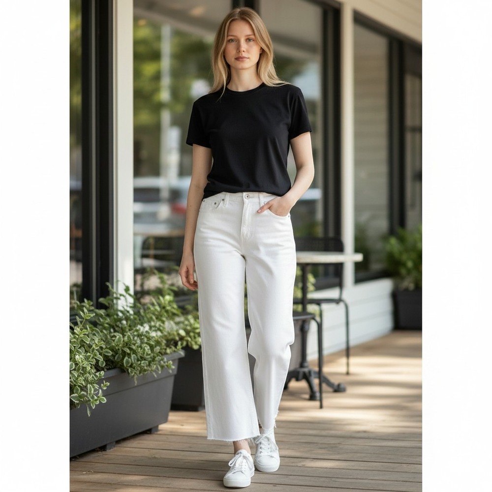 Hudson REMI High Rise Straight Crop Jeans White Distressed Raw Hem Size 30